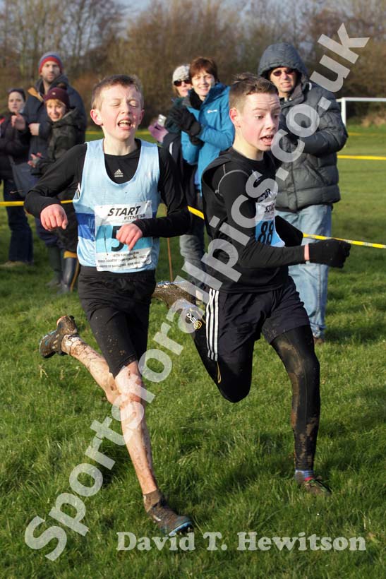 No 88 Max Pearson (Tynedale) beats  Josh Allen (Middlesbrough AC Mandale) under-13s 2012 North East Championships, Summerhill Country Park, Hartlepool.